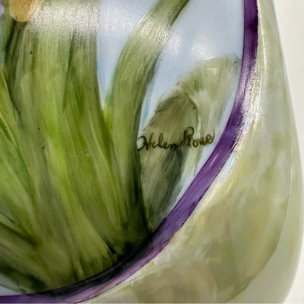 Helen Rose Vintage Iris Floral Elegant Vase with Gold Accents Gold Rimmed Edge